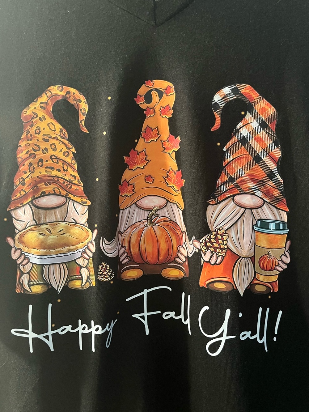 🍁 🎃 🥧 Women's Black Short-Sleeve V-Neck Graphic Tee - Happy Fall Gnomes